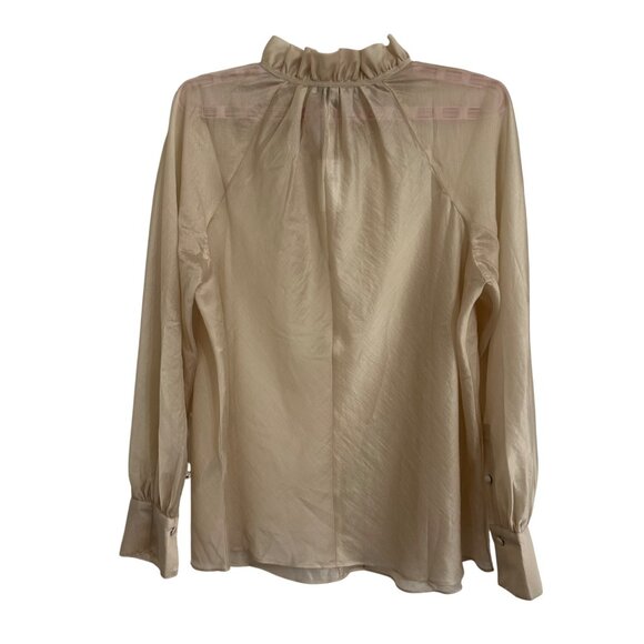 Banana Republic Womens Oyster Pearl Ruffle Neck Sheer Blouse SZ M Fairy Whimsy - Picture 2 of 9